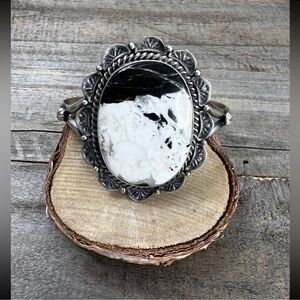 Navajo Jeff James Jr White Buffalo Sterling Silver Cuff